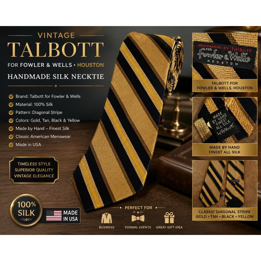Talbott for Fowler & Wells Houston Vintage Silk Tie Gold Black Striped Handmade